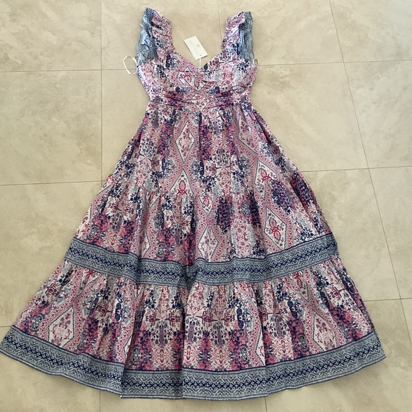 Caroline Constas Tiered Ruffled Cotton Frill Dress Pockets V-Neck Smocked Back - Picture 9 of 16